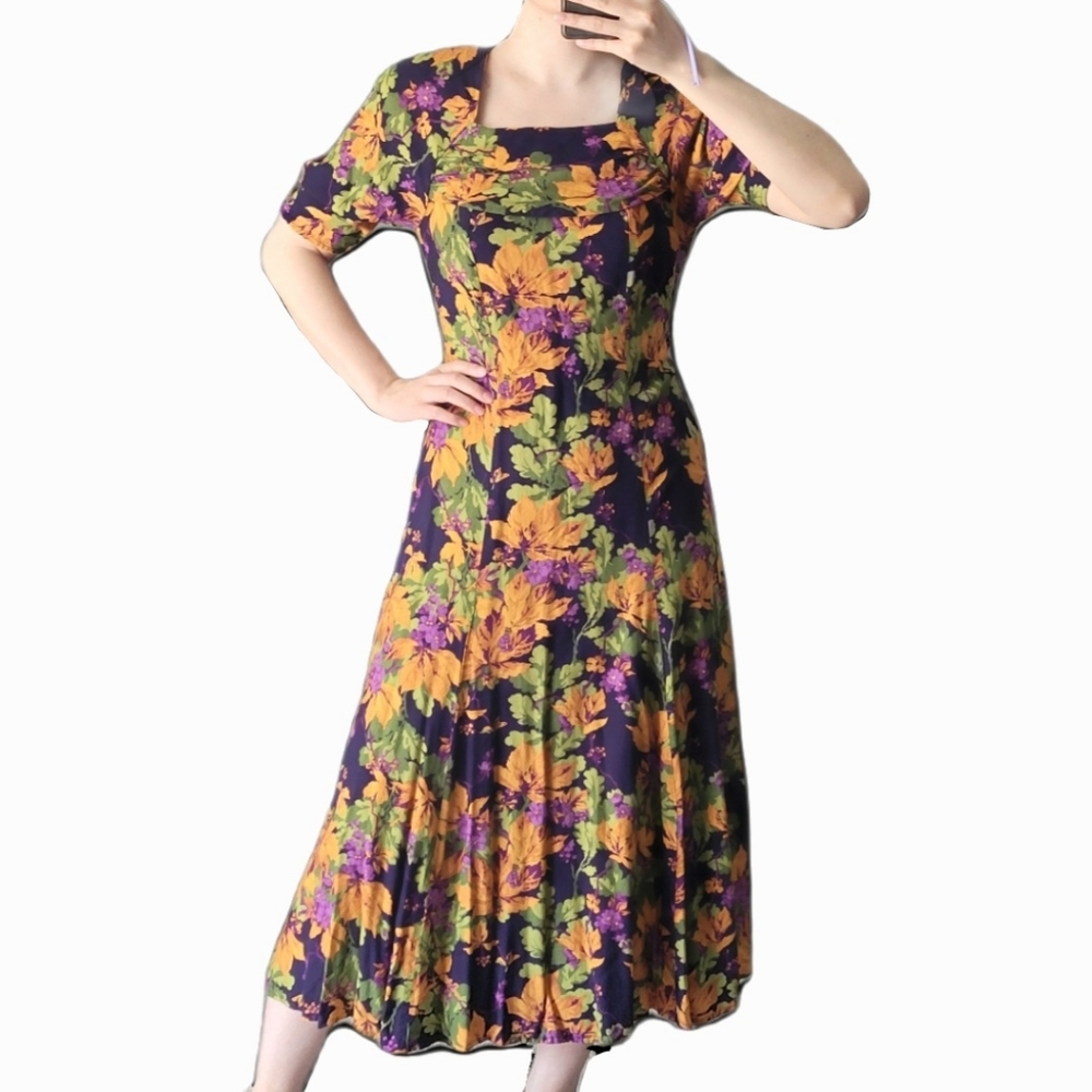 Vintage Tess Square Neck Foliage Leaf Orange Floral Short Sleeve Midi Tea Dress
